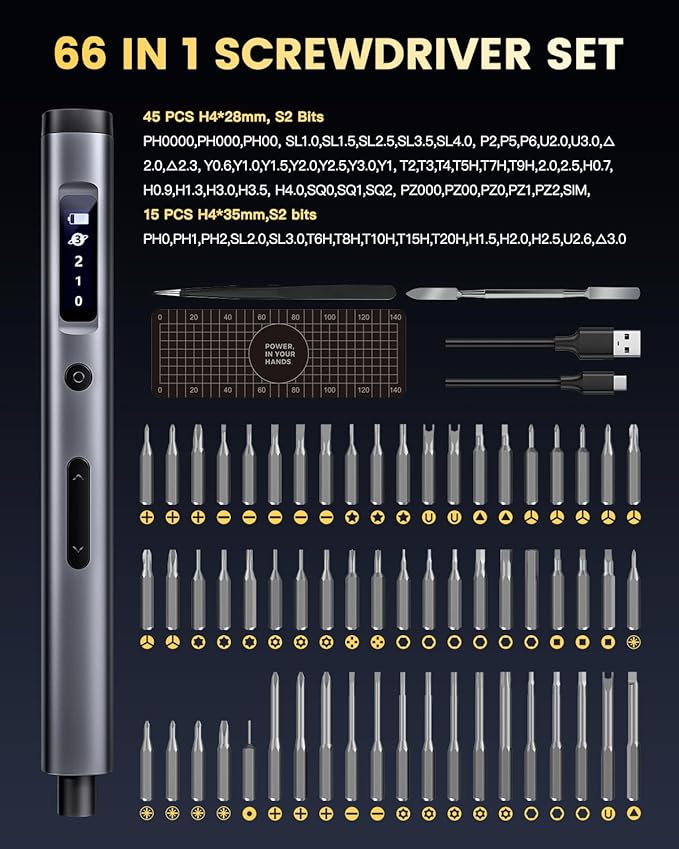 66 IN 1 Mini Electric Screwdriver Cordless, Precision Screwdriver Magnetic Bits Set with Case, USB Charging 3 Torques Settings, LED lights, Portable Repair Tool Kit for Phone PS5 Laptop