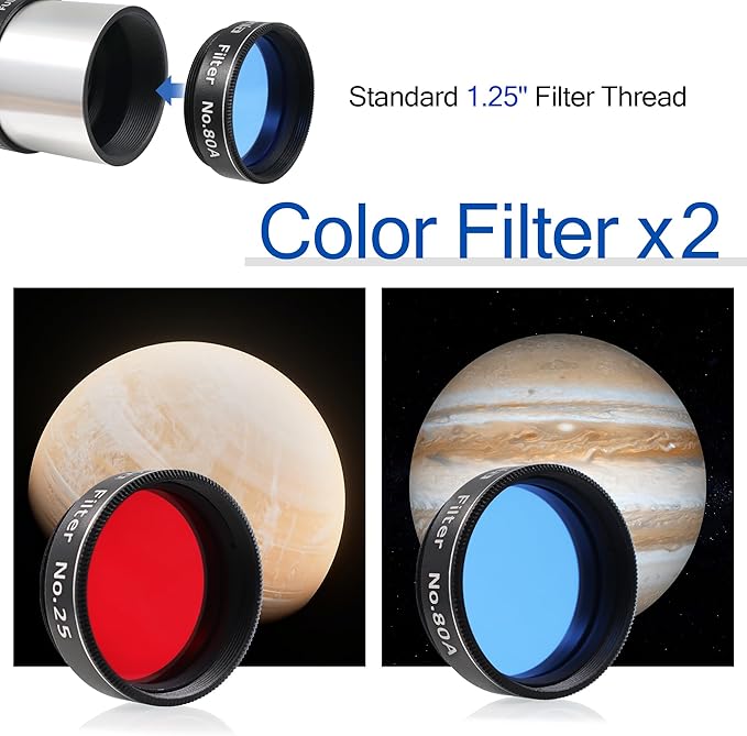 Astromania Telescope Eyepiece Set Accessory Kit for Astronomy Enthusiast Beginner, FMC 6mm Plossl 15mm Kellner Eyepiece Barlow Lens 2X with T Thread, Moon Filter 25&80A Color Filter&Sturdy Carry Case