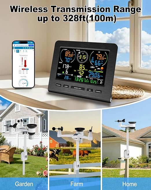 Urageuxy Weather Station, Weather Stations Wireless Indoor Outdoor with 7-in-1 Outdoor Sensor, Smart WiFi Weather Monitor-Rain Gauge, Wind Speed, Temperature, Humidity, UV, Light, Weather Forecast