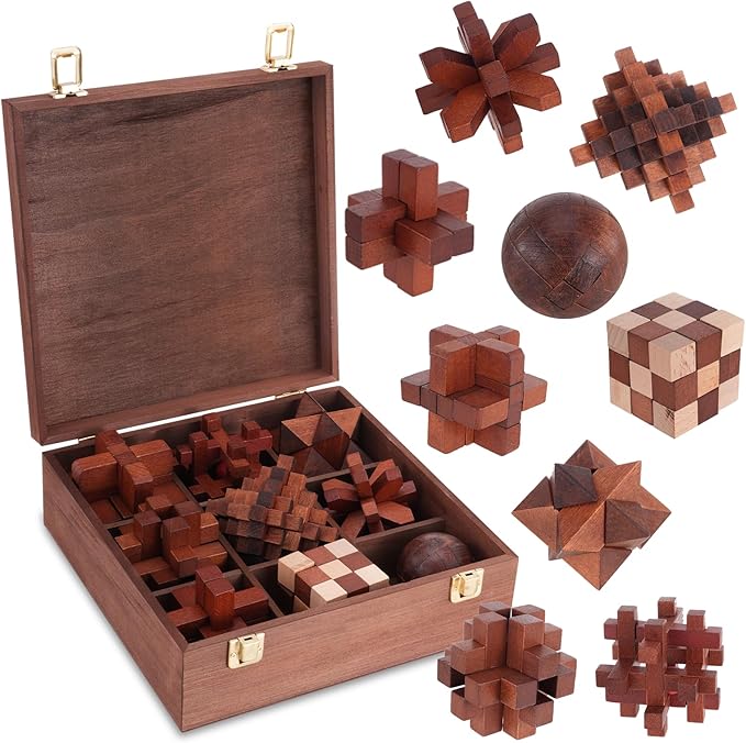 Wooden Brain Teaser Puzzles for Adults - Brain Teaser Puzzles with Wooden Box 3D Puzzle Game Toys for Adults Teens - Unlock Interlocking Puzzle Adults Teens IQ Education Smart Toys