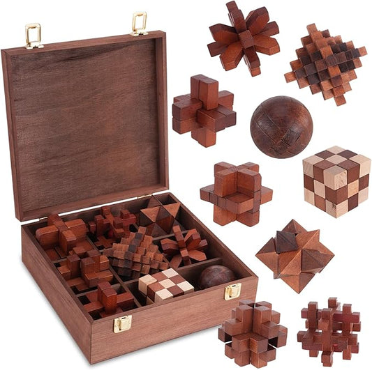 Wooden Brain Teaser Puzzles for Adults - Brain Teaser Puzzles with Wooden Box 3D Puzzle Game Toys for Adults Teens - Unlock Interlocking Puzzle Adults Teens IQ Education Smart Toys