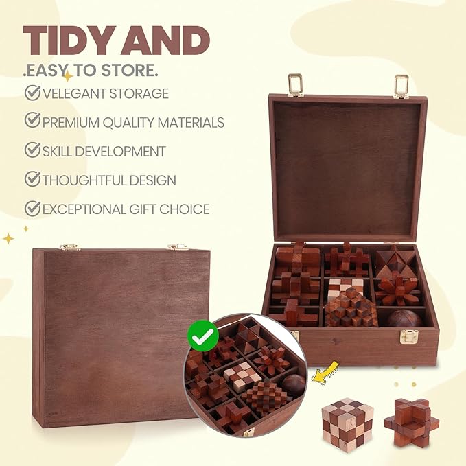 Wooden Brain Teaser Puzzles for Adults - Brain Teaser Puzzles with Wooden Box 3D Puzzle Game Toys for Adults Teens - Unlock Interlocking Puzzle Adults Teens IQ Education Smart Toys
