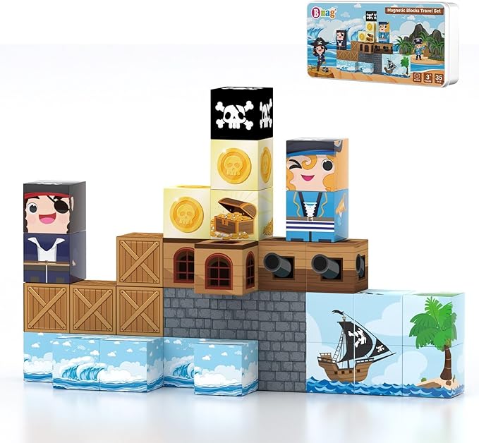 Bmag Magnetic Building Blocks Set - 35 PCS Pirate Ship, STEM Educational Magnet Toys for Kids Age 3+, Travel-Friendly with Storage Box