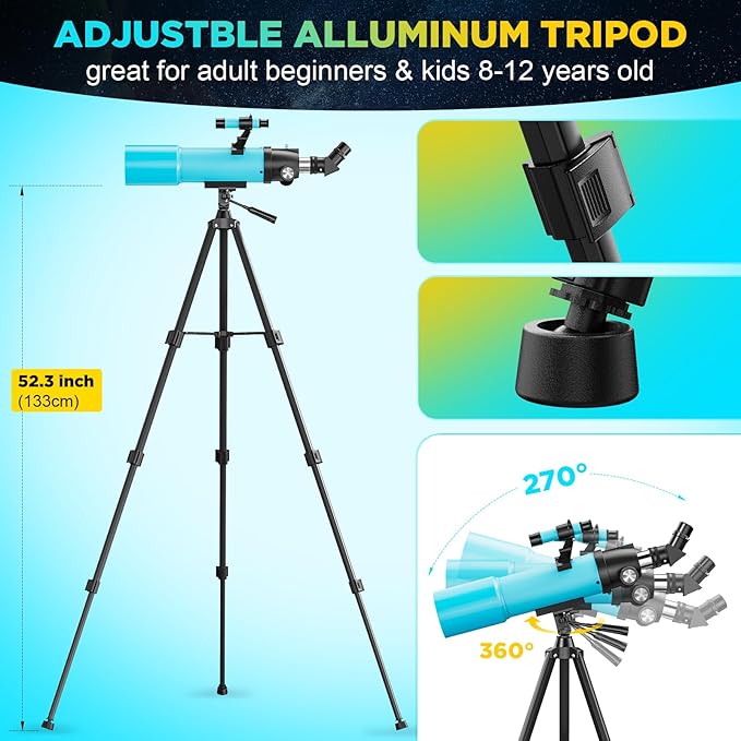 90MM Telescope for Adults and Kids 8+: 150X High Powered Astronomical Portable Refracting FMC Beginners Explorer Scope Toys for Girls Boys 8-12 Xmas Gift Travel Stars Gazing w Professional Tripod