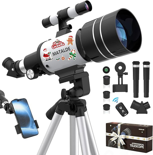 Telescope for Beginners, 70mm Aperture Refractor Astronomy Telescope with 300mm Focal Length, 15X-150X Magnification, Tripod, Phone Adapter, Wireless Remote