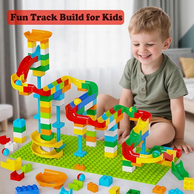 Marble Run Building Blocks for Kids Age 3-8, 128 Pcs STEM Building Bricks Set with Toss Ring Game, Educational Learning Toys for Toddlers Boys Girls Gifts- Compatible with All Major Brands