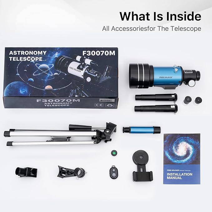 Telescope for Adults Astronomy 70mm Aperture 300mm Focal Length Portable Astronomical Telescope for Beginners Age Over 8 Years Old with Wireless Remote Carry Bag Tripod (Blue)