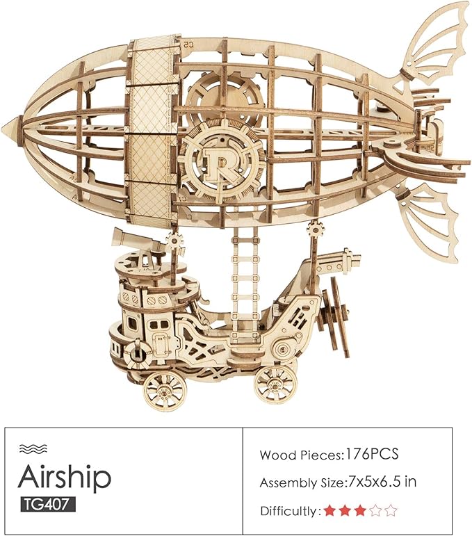 Rolife 3D Wooden Puzzle Airship for Kids and Adults - Model Building Kit, Educational Brain Teaser, Ages 8-10 (7.1in*5in*6.5in)