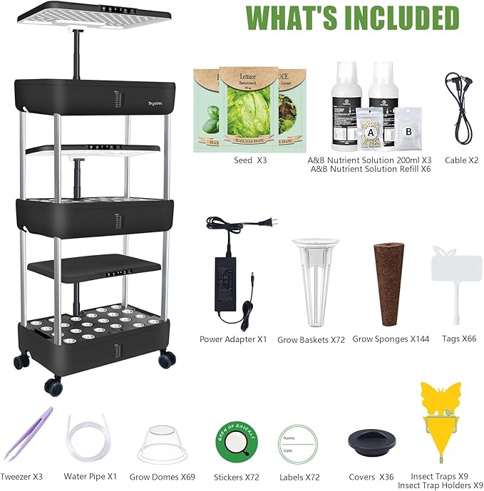44-Pod Indoor Hydroponic Growing System + 3 Free Seeds Starter Kit (Lettuce, Salad Mixed, Basil Seeds) – Dual 53W Full-Spectrum LED, 10-L Water Tank, 2-Tier Grow Pods (66 Pods)