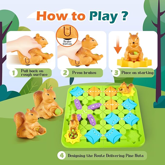 Airkid STEM Board Games Brain Toys, Maze Brain Teaser Puzzles Learning Games for Kids Ages 4-8, 118 Challenges 5 Difficulty Levels Squirrel Logic Track Building Blocks, Educational Toys Birthday Gifts