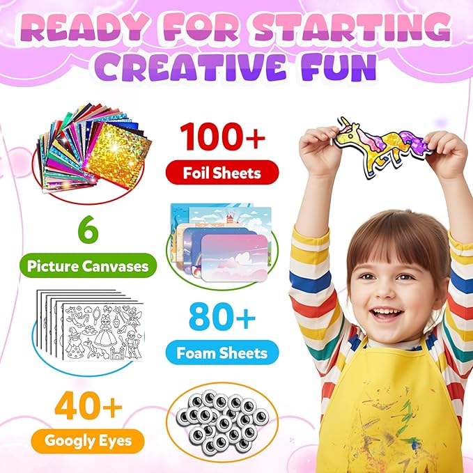 Foil Art Craft Kits for Kids, Mess-Free DIY Creative Activity Set, Fun Arts and Crafts Toys for Boys & Girls, Peel & Press Foil Art Kit for Kids, Travel Toy and Birthday Gift (Princess)