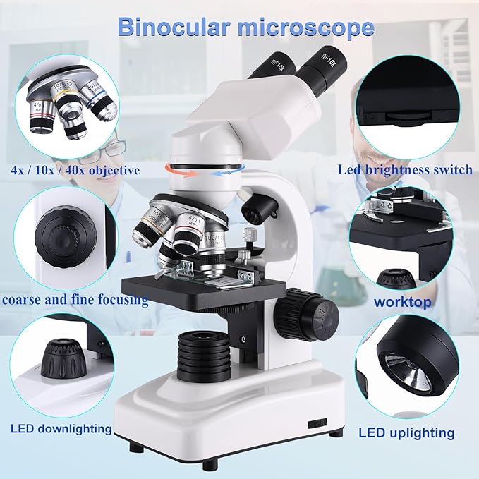Compound Microscope，40X-2500X ，WF10x and WF25x eyepieces, Dual LED Lighting and Two-Layer Mechanical Stage，Microscope for Adults…