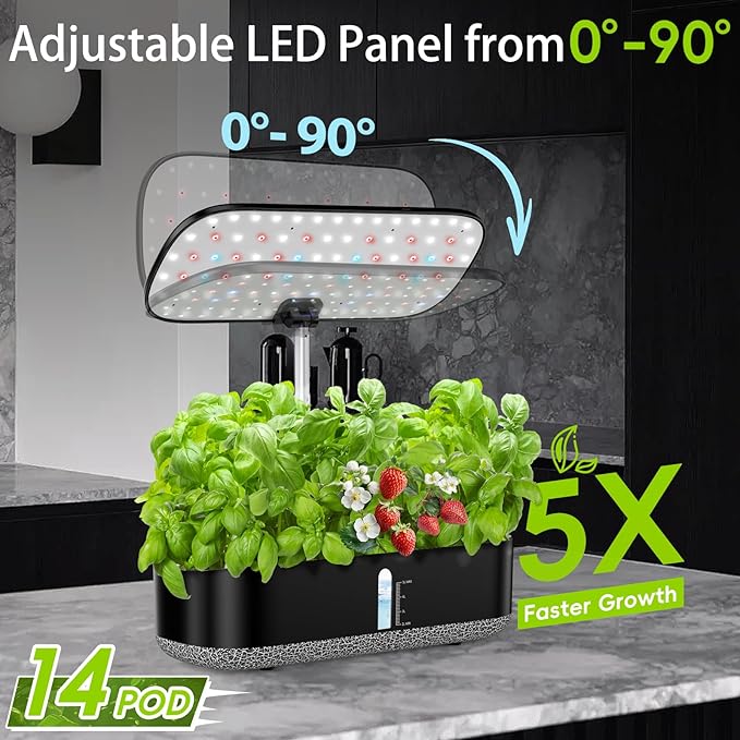 Hydroponics Growing System with LED Grow Light, 14 Pods Indoor Herb Garden Full Spectrum Rotatable Light Panel, Auto On Off Timing 12 14 16Hrs, 5L Water Tank, Harvest Fresh Veggie Lettuce Basil Tomato