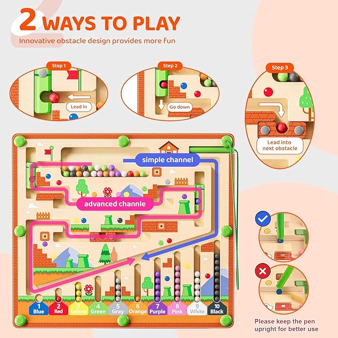 Magnetic Color and Number Maze for Montessori Toys,Wooden Matching Learning Counting Board for Toddler Ages 2-4,Toddler Fine Motor Skills Toys for Boys Girls