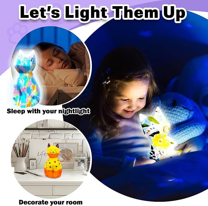 FUNZBO 2pcs Paint Your Own Cat Lamp - Arts and Crafts Supplies Kitten Painting Kits for Kids Teens, DIY Night Light Toy for Toddlers Girls Boys Ages 3 4 5 6 7 8 9 10 11 12 13 Christmas Birthday Gifts