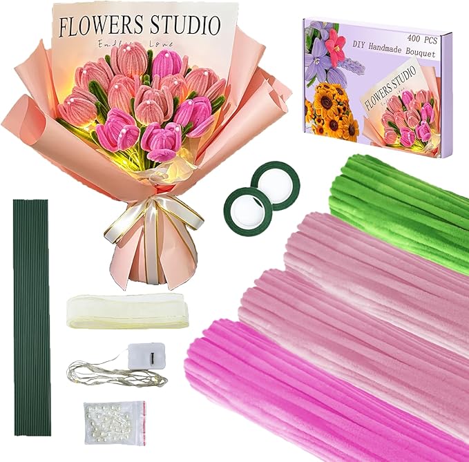 LOLEDE Pipe Cleaners Craft Flowers Kit 400 Pcs, 400 Pcs 3 Colors 11.8inch Fuzzy Pipe Cleaners Bulk, Chenille Stems for DIY Flower Making Kit Crafts, Floral Stems & Tape & Ribbon Pearls(Pink)