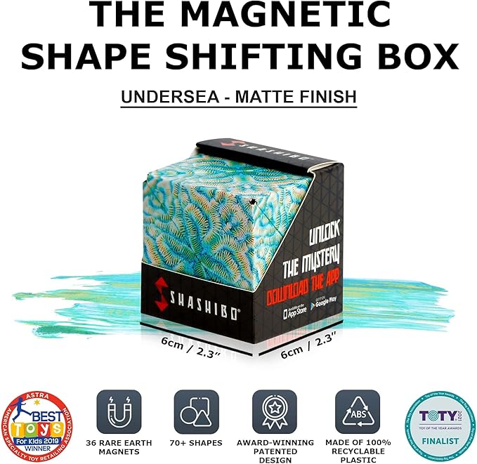 SHASHIBO Shape Shifting Box - Award-Winning Fidget Toy w/ 36 Rare Earth Magnets - Fidget Cube Transforms Into Over 70 Shapes, Sensory Toy Gift for Kids, Teens, and Adults (Undersea)