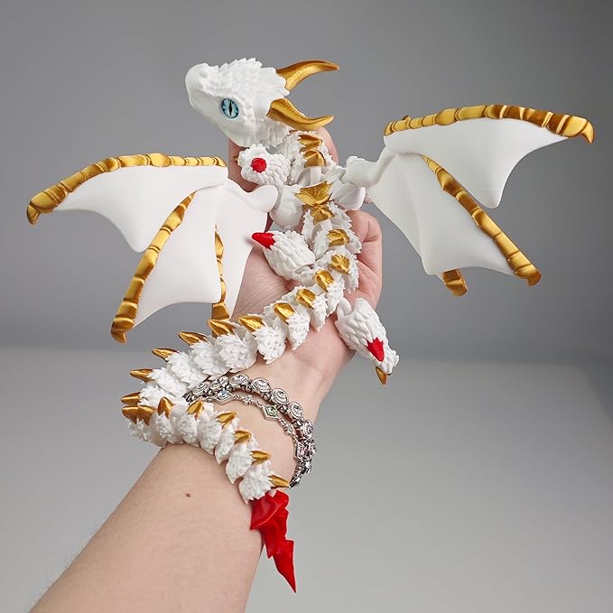 3D Printed Dragon with Wings,3D Printed Animals Toys, Fidget Dragon Toys, Flexible Articulated Winged Crystal Dragon Model,Desktop Pet Deco, Stocking Stuffers (White-Gold)