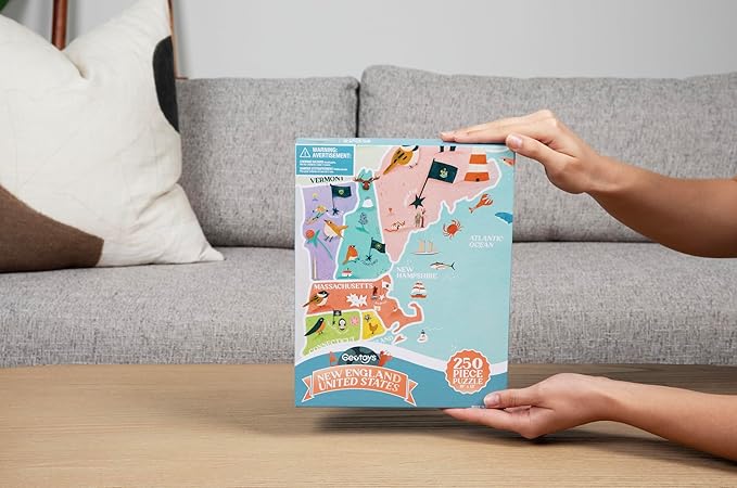 Geotoys New England Region Jigsaw Puzzle - 250 Piece Puzzles for 8 Year Olds - Jigsaw Puzzles for Kids Ages 8-12 Years Old - Kids Puzzle Games with Colorful Landmarks