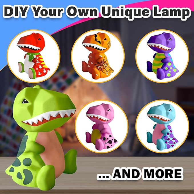 FUNZBO 4.3in Paint Your Own Dinosaur Lamp Kit - Arts and Crafts Supplies Painting Kit for Kids Teens, DIY Night Light Dinosaur Toys for Boys Girls 3 4 5 6 7 8 9 10 11 12 Christmas Birthday Gifts