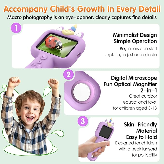 Kids Microscope - 2.4" IPS Screen, 600X-4800X Digital Magnification, LED Light, Purple Unicorn Silicone Cover, Educational Science Toy