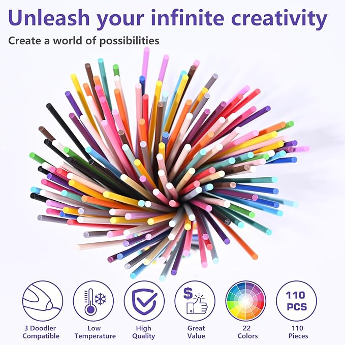 22 Colors 3D Printing Filament Refill for 3Doodler Start+ 3D Pen, Safe Low Print Temperature PCL Filament 2.5mm Thick, Premium 110pcs Total 1650cm Refill Pack Only Fit for 3Doodler Start+ Pen