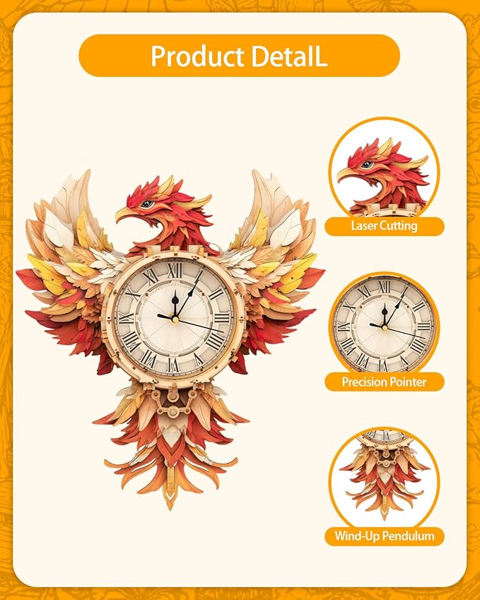 3D Wooden Puzzles for Adults, 3D Puzzle Phoenix Clock (with Pendulum), 3D Puzzles for Adults Teens Home Decor Clock Crafts for Adult Puzzle Gifts for Adult