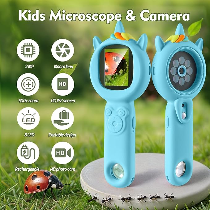 Kids Microscope- 500x Magnification,16X Zoom,Handheld Microscope for Kids with HD Cam,Portable Science Learning Tool,Christmas Birthday Gifts for Boys Girls Aged 3-12 （Blue）