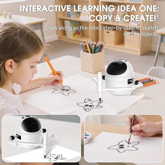 Drawing Robot Toys Painting Kit for Kids, Toddler Toys Birthday Gifts for 3-10 Girl Boy, Electronic Learning Toys with Intelligent Sensing 150 Cards, Interactive Painting Toy Set (White)