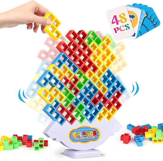 48Pcs Tetra Tower Game, Family Board for 2 Players Family Games, Christmas Stocking Stuffers for Teen Boys, Girls, Kids, Adults, Building Blocks Balance Games Toys for Family and Classroom