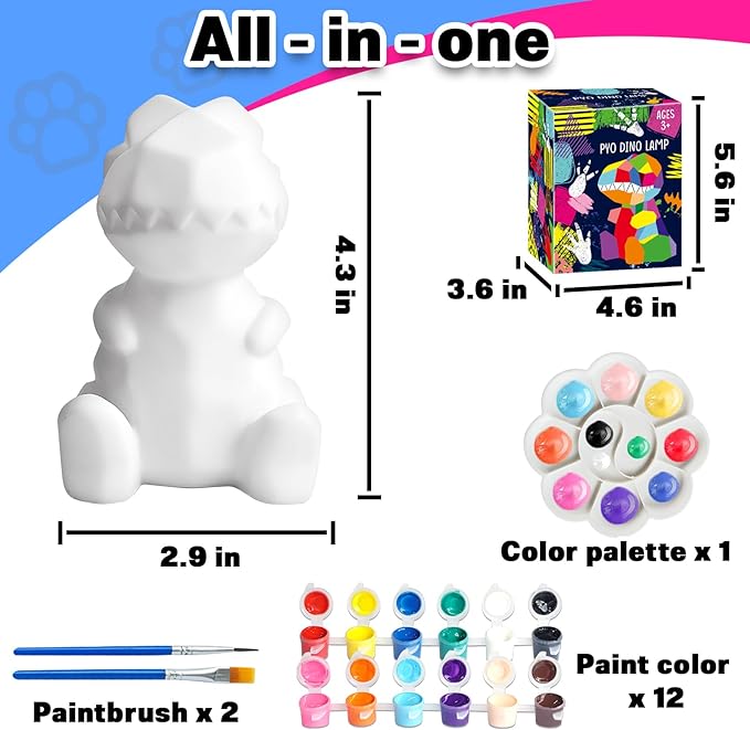 FUNZBO 4.3in Paint Your Own Dinosaur Lamp Kit - Arts and Crafts Supplies Painting Kit for Kids Teens, DIY Night Light Dinosaur Toys for Boys Girls 3 4 5 6 7 8 9 10 11 12 Christmas Birthday Gifts