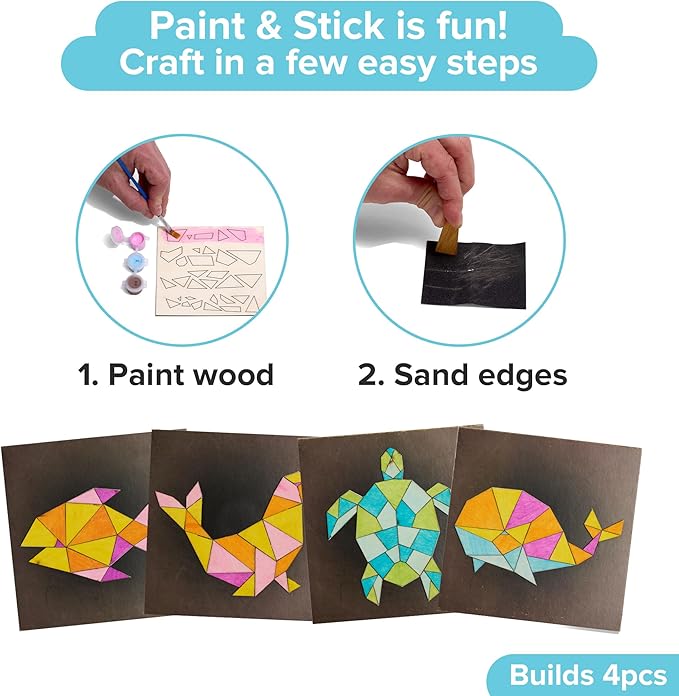 Little Jupiter Paint & Stick (Land & Sea) - Makes 4pcs - Mosaic Art - Wood Painting Crafts for Ages 7-12 Yrs - DIY Kids Crafts Kits - Paint by Numbers Kit - Mosaic Crafts