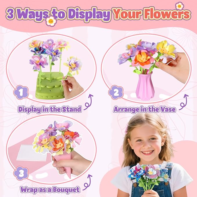 Crelloci Fabric Flower Bouquet Toys, DIY Arts & Crafts Kits for Kids Ages 3-12, DIY Flower Craft Kits for Toddlers, Educational Activity Preschool Birthday Gifts for 4 5 6 7 8 9 10 Year Old Girls