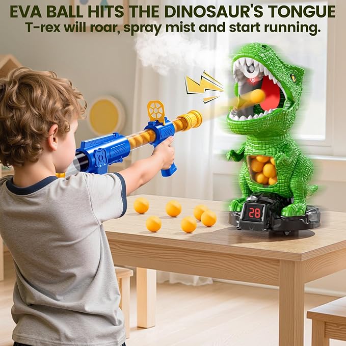Movable Dinosaur Shooting for Toys Kids 4-6, Electronic Kids Target Games w/Air Pump Launcher, LCD Score Record, Sound, 24 Foam Balls, Birthday Gifts for 3 4 5 6 7 8 9 Year Old Boys Girls