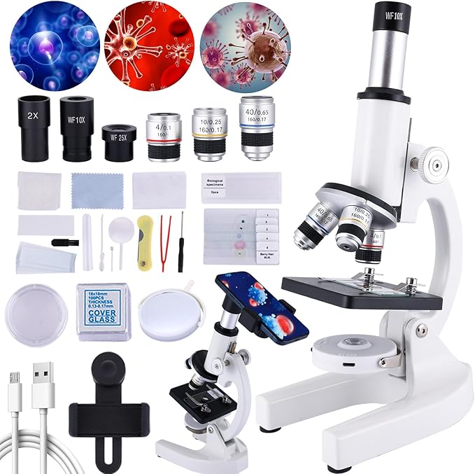 Microscope for Kids，40X-2000X Mobile Phone Adapter with Microscope Slide Microscope kit for Home School Laboratories for Children Students