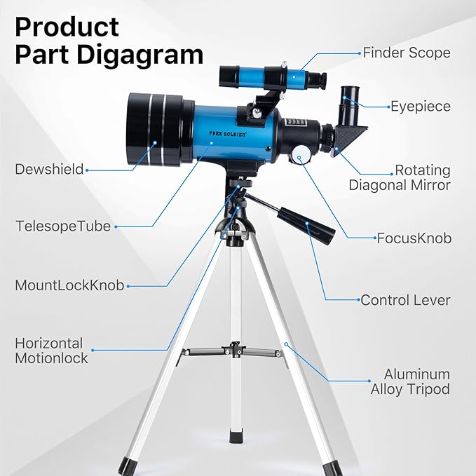 Telescope for Adults Astronomy 70mm Aperture 300mm Focal Length Portable Astronomical Telescope for Beginners Age Over 8 Years Old with Wireless Remote Carry Bag Tripod (Blue)