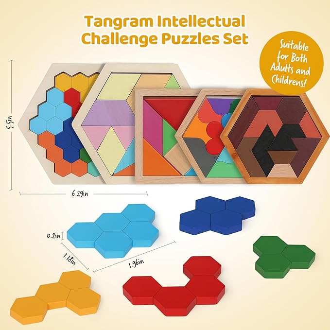 5 Pack Wooden Brain Teaser Puzzles Sets for Kids,Montessori Brain Blocks Logic Tangram Geometric Shapes Puzzle Matching Games Christmas Stocking Stuffers Gifts for All Ages Boys Girls