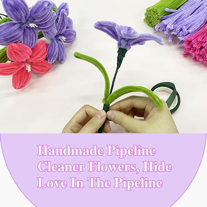 LOLEDE Pipe Cleaners Craft Flowers Kit 400 Pcs, 400 Pcs 3 Colors 11.8inch Fuzzy Pipe Cleaners Bulk, 100 Pcs Stamen, Chenille Stems for DIY Flower Making Kit Crafts, Floral Stems & Ribbon(Purple)