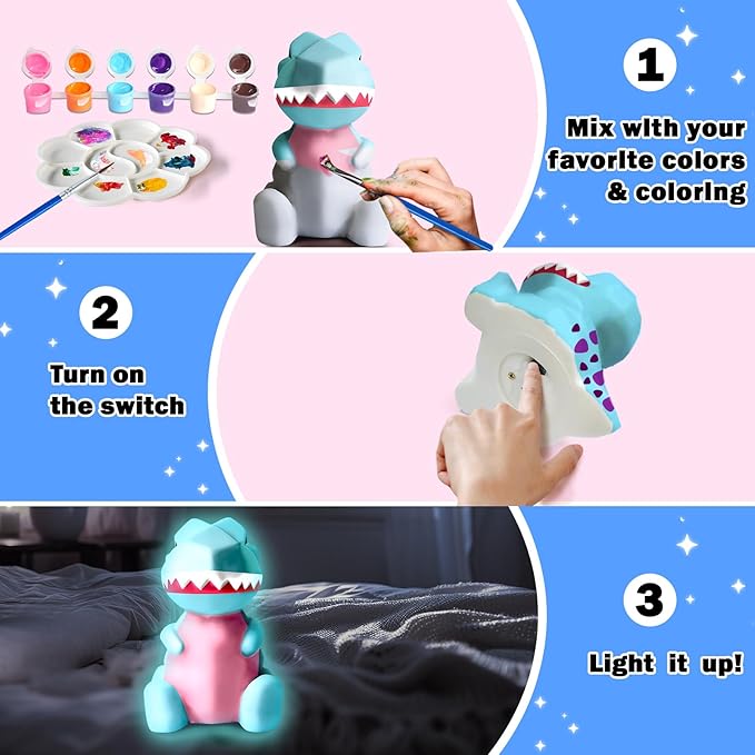 FUNZBO 4.3in Paint Your Own Dinosaur Lamp Kit - Arts and Crafts Supplies Painting Kit for Kids Teens, DIY Night Light Dinosaur Toys for Boys Girls 3 4 5 6 7 8 9 10 11 12 Christmas Birthday Gifts