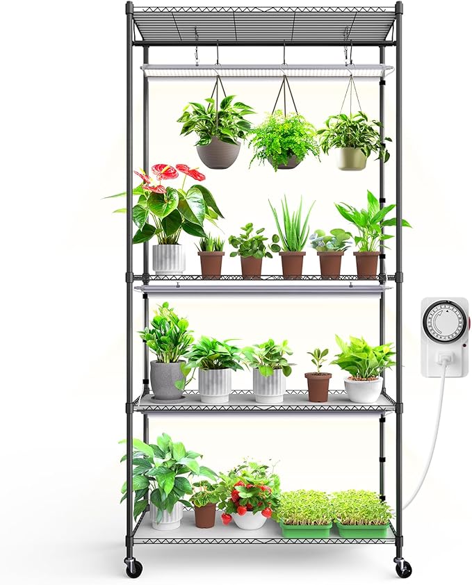 Barrina CX3 Plant Stand with Grow Light, 4-Tier, 3FT 5000K, 108W Full Spectrum Indoor DIY Plant Shelf with Lights, Flower Pot Display Rack, Greenhouse, Wheel, Mechanical Timer, 35.4"x13.8"x70.9"