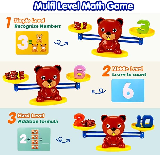 REMOKING Montessori Balance Scale Math Toy for Kids, Counting Bears Educational STEM Toy for Preschool Learning, Sorting & Number Recognition Toy for Toddlers Ages 3+