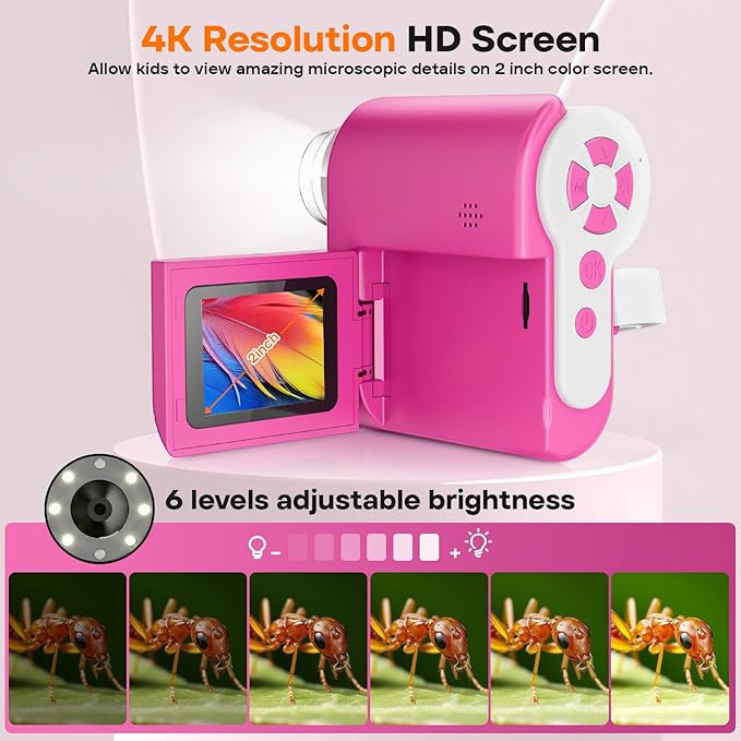 LAKWAR 1000X Handheld Digital Microscope for Kids: 4K 2.0" Screen Portable Digital Microscope for Kids 8-12 Home School Science Education (Pink)