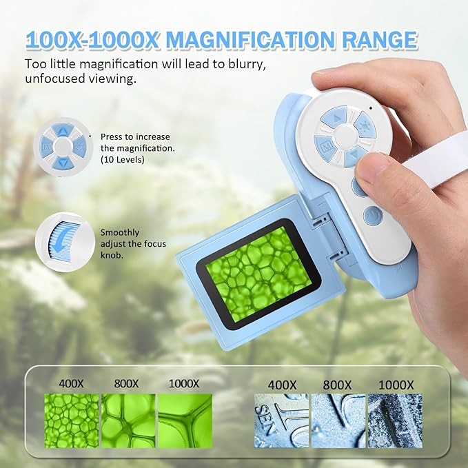 1000X Handheld Microscope for Kids, 4K 2.0" Screen Mini Pocket Microscope with 6 Adjustable LED Lights, Edu Science Birthday Christmas Gifts for Kids Ages 8-12, 32G SD Card Included - Blue