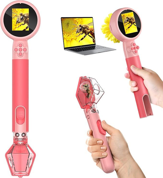 Microscope for Kids with Bug Catcher, 1080P HD Digital Handheld Portable Kids Microscope, 2 in 1 STEM Science Educational Learning Kit Christmas Birthday Gifts Toys for 3-15 Boys & Girls (Pink)