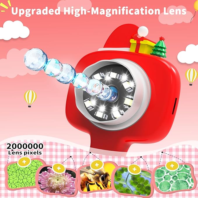 1000X Microscope for Kids with 16 Slides, 2.4" Handheld Digital Pocket Microscope, STEM Educational Science Toys for Christmas Birthday Gifts for 3+ 4 5 6 7 8 9 10 11 12 Year Old Boys Girls, Red