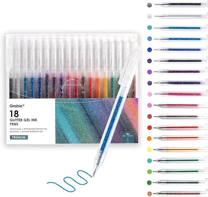 Grabie Glitter Gel Pens 18 Colors, Metallic Vibrant Sparkle Gel Pens for Coloring, Retractable Sparkle Glitter Pens for Adults,Colored Gel Pens for Adult Coloring Books and Drawing