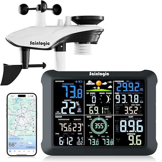 Sainlogic WiFi Smart Weather Station SA9 with 24H/ 7Days Accurate Weather Forecast by Weatherseed® AI, 8.5" Large Display,UV,Sun Light,Rain Gauge,Wind Gauge,2-Year Data Storage & Export (Only 2.4G)
