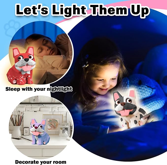 FUNZBO Paint Your Own Dog French Bulldog Lamp Kit - Arts and Crafts Supplies Painting Kits for Kids Teens, DIY Night Light Dog Toy for Toddler Girl Boy 3 4 5 6 7 8 9 10 11 12 Christmas Birthday Gifts