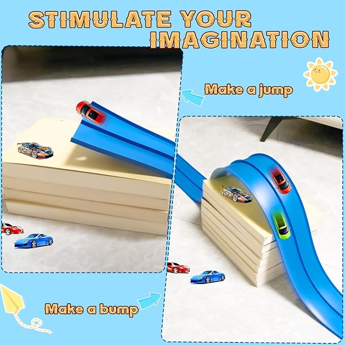 Flex Track 15 Ft Starter Set, Flexible Race Car Ramp Track for Ages 3 & Up with Suction Cups Compatible with Diecast 1/64th Cars (Blue)