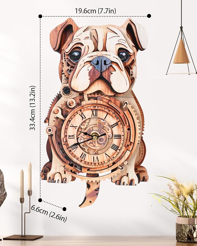 3D Wooden Puzzles for Adults, 3D Puzzles Bulldog Clock(with Pendulum) 32Pcs, Beginners Wooden Puzzle for Adults Home Wall Decor Clock Crafts for Adult Puzzle Gift for Women Men